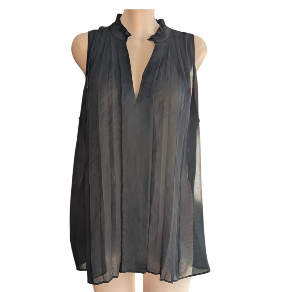 Ann Taylor Sleeveless Sheer Black Blouse Large Ruffle Boho Top